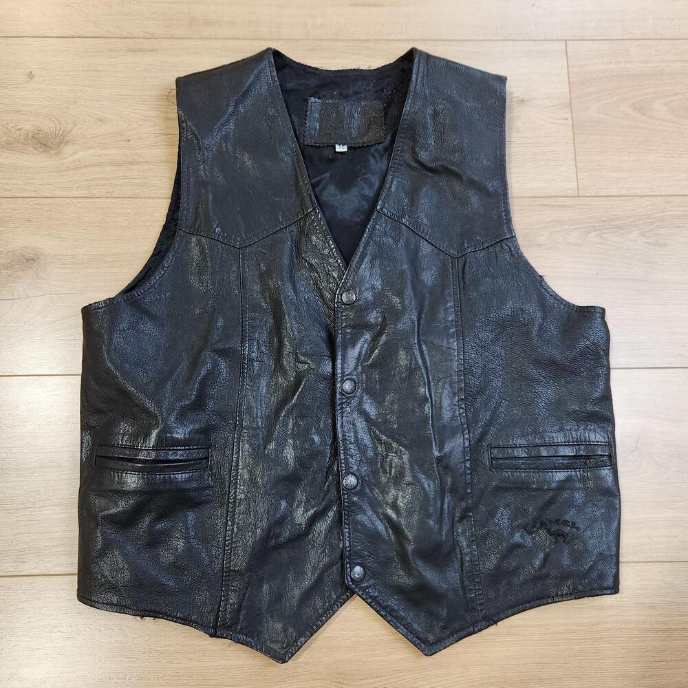 Vintage Camel Cigarettes Leather Vest Mens XL Black Biker Button Up Motorcycle